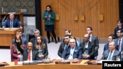 美国驻联合国候补代表伍德在联合国安理会投票反对给予巴勒斯坦联合国成员国地位。(2024年4月18日)