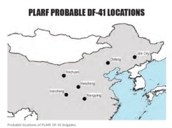 东风-41可能的部署地点，这是中国火箭军现有库存中最新最先进的洲际弹道导弹，可将最多3枚弹头发射到超过13000公里外的目标，可瞄准美国东海岸（source: "People’s Liberation Army Rocket Force Order of Battle 2023"截图)