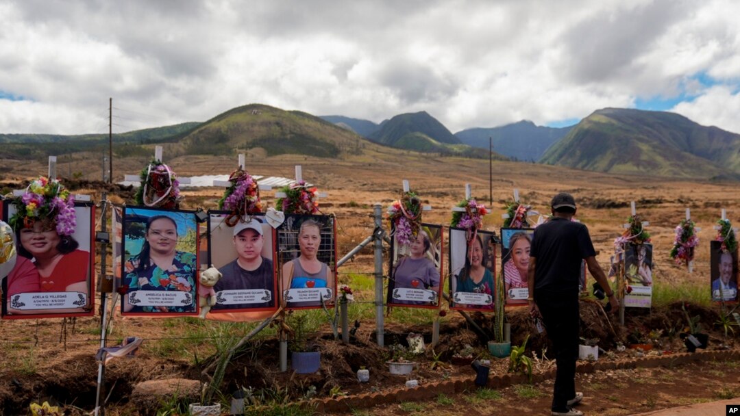 FILE - A visitor walks by photos of victims of the August 2023 wildfire at a memorial near the Lahaina Bypass highway on July 6, 2024, in Lahaina, Hawaii. 