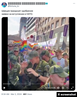 Відео, на якому шведські військовослужбовці беруть участь у Марші рівності, щоб охарактеризувати військових як "слабких", а не активів НАТО. Фото: X