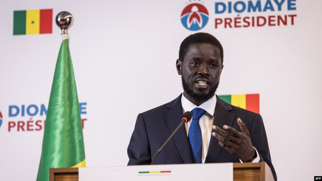 FILE - Bassirou Diomaye Faye addresses his first press conference after being declared winner of Senegal's presidential election, in Dakar, on March 25, 2024. Final results of the election were released March 29.