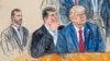 Замальовка художника в залі суду. Колишній президент США Дональд Трамп радиться з адвокатом Тоддом Бланшом, 3 серпня 2023 року. (Dana Verkouteren via AP)