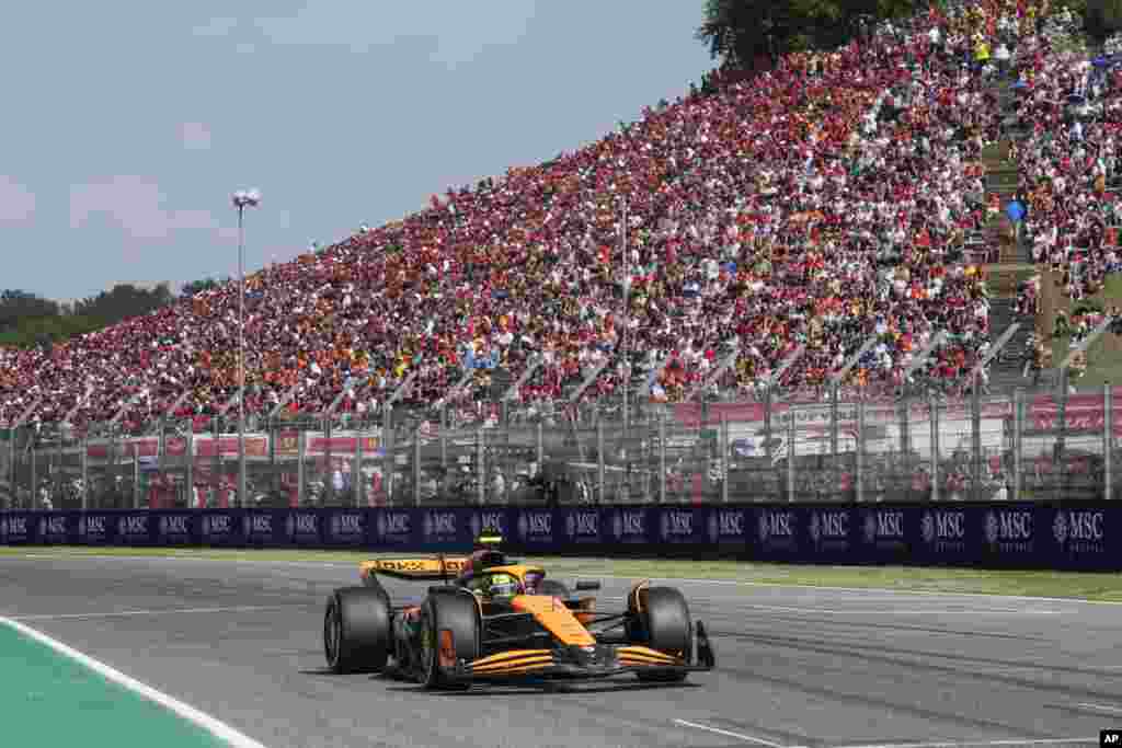 McLaren driver Lando Norris of Britain steers his car during the Italy's Emilia Romagna Formula One Grand Prix race at the Dino and Enzo Ferrari racetrack in Imola.