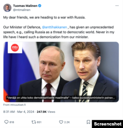 Публікація, яка неправдиво характеризує промову міністра оборони Фінляндії Аннті Хаканена, в якій описується історія агресії Росії проти України та інших країн, таких як Грузія, як еквівалент "прямування до війни з Росією". Фото: X