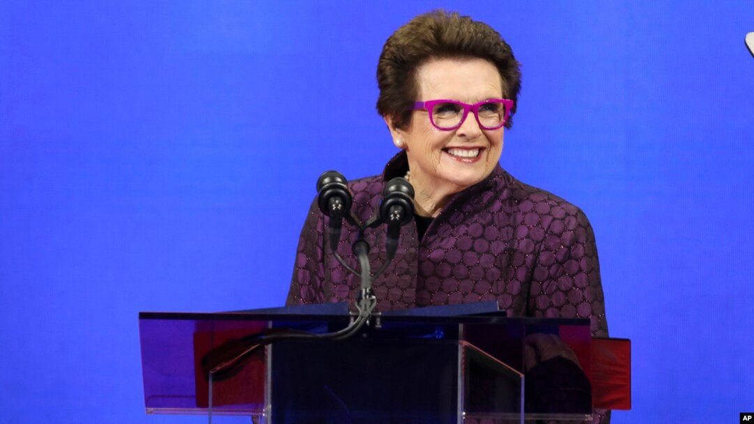 FILE - Tennis legend Billie Jean King speaks during the opening ceremony of the of the U.S. Open tennis championships, in New York, Aug. 28, 2023.