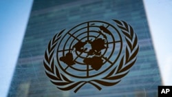 在纽约的联合国总部大楼和联合国标识