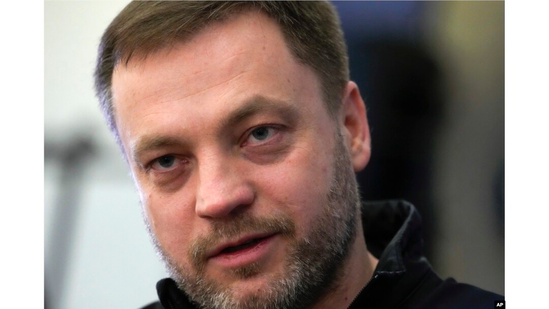 FILE - Ukrainian Interior Minister Denys Monastyrskyi speaks during an interview with The Associated Press in Kyiv, Ukraine, March 18, 2022. The chief of Ukraine's National Police on Jan. 18, 2023 says a helicopter crash in a Kyiv suburb has killed more than a dozen people, including Monastyrskyi.