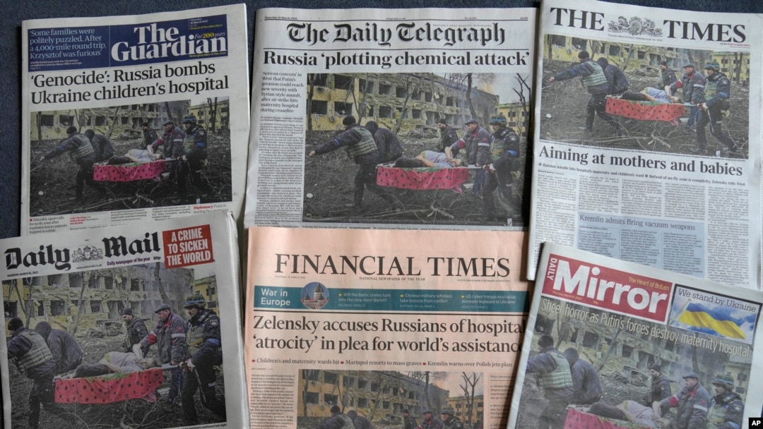 Front pages of British newspapers published March 10, 2022, show reactions to an airstrike on a maternity hospital in Mariupol, Ukraine, a day earlier.