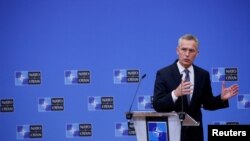 北约秘书长延斯·斯托尔滕贝格（Jens Stoltenberg）3月16日在布鲁塞尔举行新闻发布会。