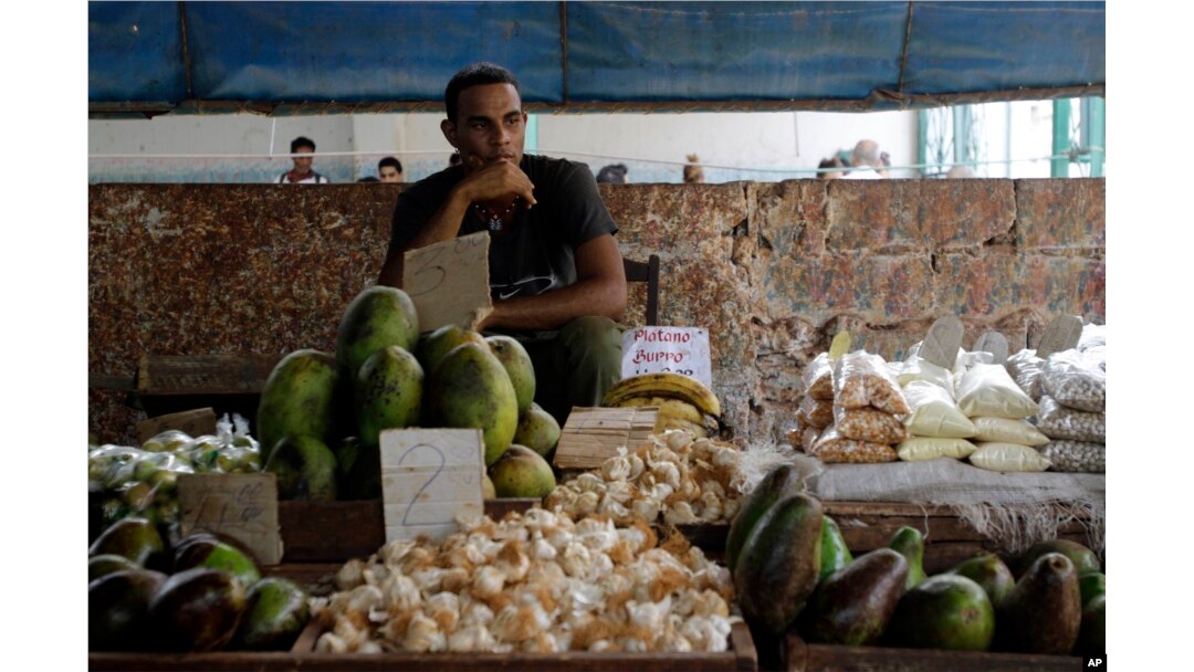 FILE - A food vendor sits by his goods at a popular market in Havana, Cuba, Aug. 27, 2010.