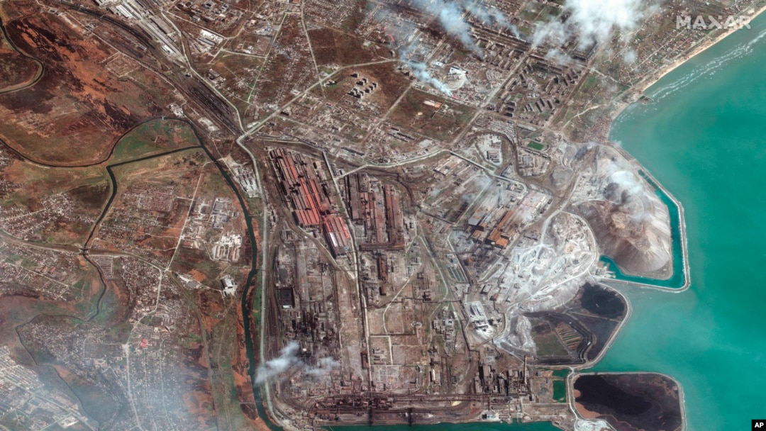 This satellite image provided by Maxar Technologies shows Azovstal Iron and Steel Works factory in Mariupol, Ukraine, April 9, 2022. 