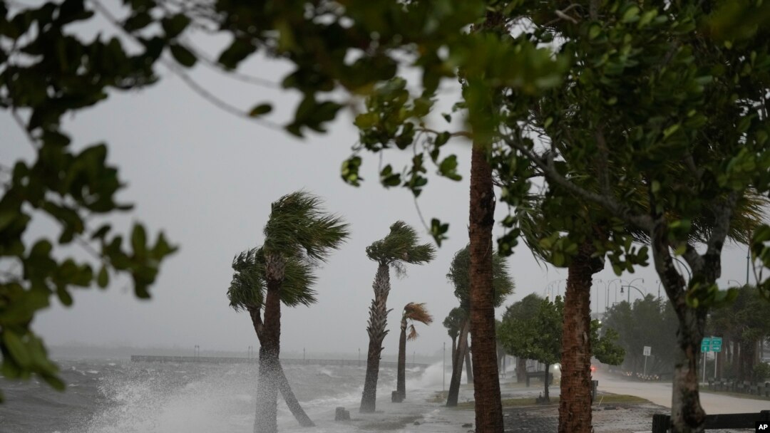 Waves crash on the shoreline along the Jensen Beach Causeway, as conditions deteriorate with the approach of Hurricane Nicole, Nov. 9, 2022, in Jensen Beach, Fla.