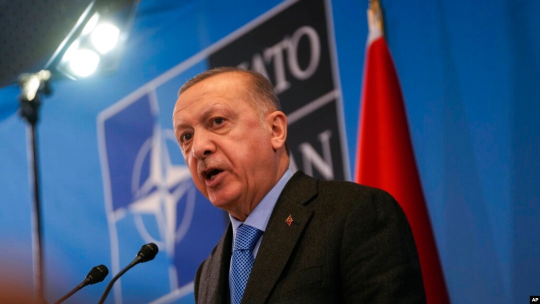 FILE - Turkish President Recep Tayyip Erdogan speaks during a media conference after a summit at NATO headquarters in Brussels, March 24, 2022. Turkey has condemned Russia’s aggression in Ukraine since the start of the invasion in February.