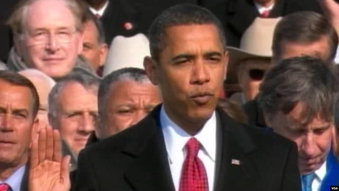 President Obama taking the oath of office at his first inauguration in 2009.