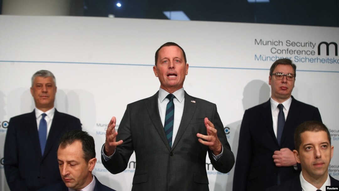 U.S. ambassador to Germany Richard Grenell, Kosovo's President Hashim Thaci and Serbia's President Aleksandar Vucic attend the Munich Security Conference in Munich, Germany, February 14, 2020. 