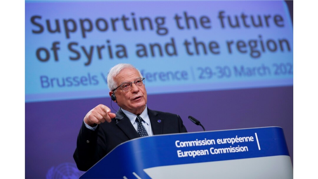 European Union foreign policy chief Josep Borrell speaks at the European Commission headquarters, in Brussels, Belgium, March 30, 2021.