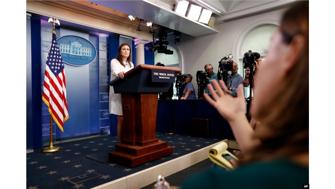 White House press secretary Sarah Huckabee Sanders takes questions during a press briefing at the White House, Sept. 12, 2017.