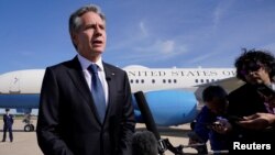 U.S. Secretary of State Antony Blinken speaks to reporters ahead of his departure on his way to Israel, at Joint Base Andrew