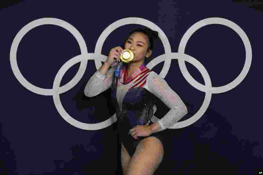 Sunisa Lee of United States reacts after winning the gold medal in the artistic gymnastics women's all-around final at the 2020 Summer Olympics in Tokyo, Japan.