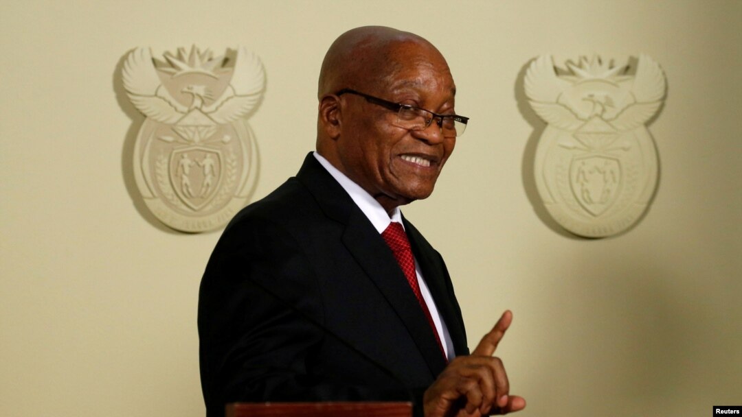 FILE - South Africa's President Jacob Zuma announces his resignation at the Union Buildings in Pretoria, South Africa, Feb. 14, 2018. 