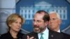 Department of Health and Human Services Secretary Alex Azar, with White House coronavirus response coordinator Dr. Deborah Birx, left, and Vice President Mike Pence, speaks to reporters ,March 2, 2020, in Washington. 