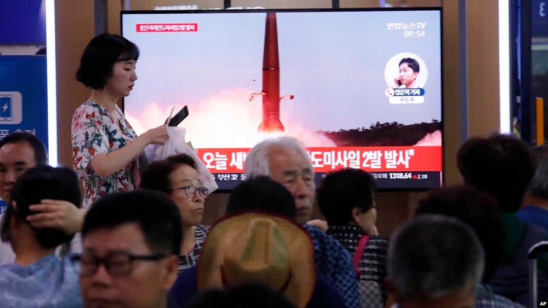 A TV at the Seoul Railway Station shows a file image of North Korea's missile launch during a news program, in Seoul, South Korea, Wednesday, July 31, 2019. 