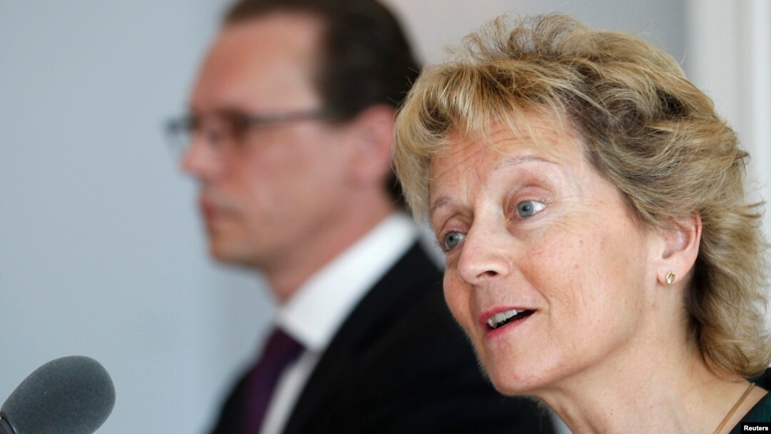 Swiss Finance Minister Eveline Widmer-Schlumpf (R) speaks to media next to European Commissioner for Taxation and Customs Union, Audit and Anti-Fraud Algirdas Semeta during a news conference in Bern, June 17, 2013.