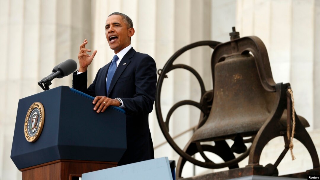 U.S. President Barack Obama speaks from the steps of the Lincoln Memorial during the commemoration of the 50th anniversary of the March on Washington August 28, 2013.