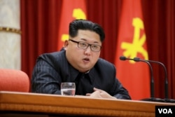 朝鲜领导人金正恩在向参与平壤宣布的氢弹试爆的科技人员、工兵和工作人员颁奖仪式上讲话（2016年1月13日）。