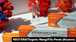 北京举行的中国国际服务贸易交易会科兴公司展台上摆放的新冠疫苗。（2020年9月4日）
