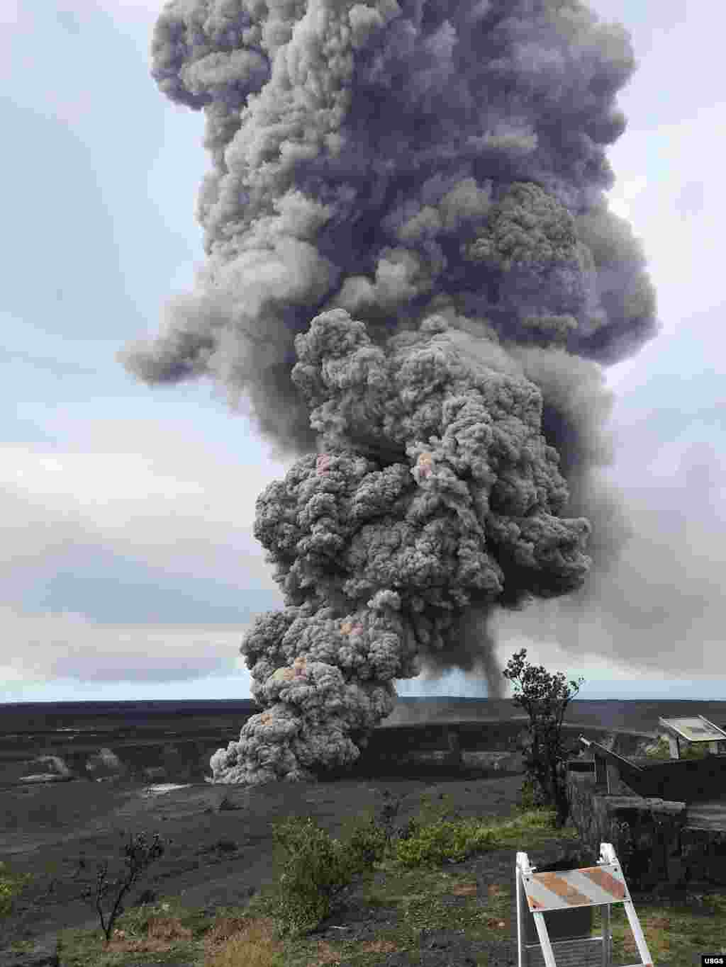 Ash column rises from the Overlook crater at the summit of Kīlauea Volcano, May 9, 2018. HVO's interpretation is that the explosion was triggered by a rockfall from the steep walls of Overlook crater.