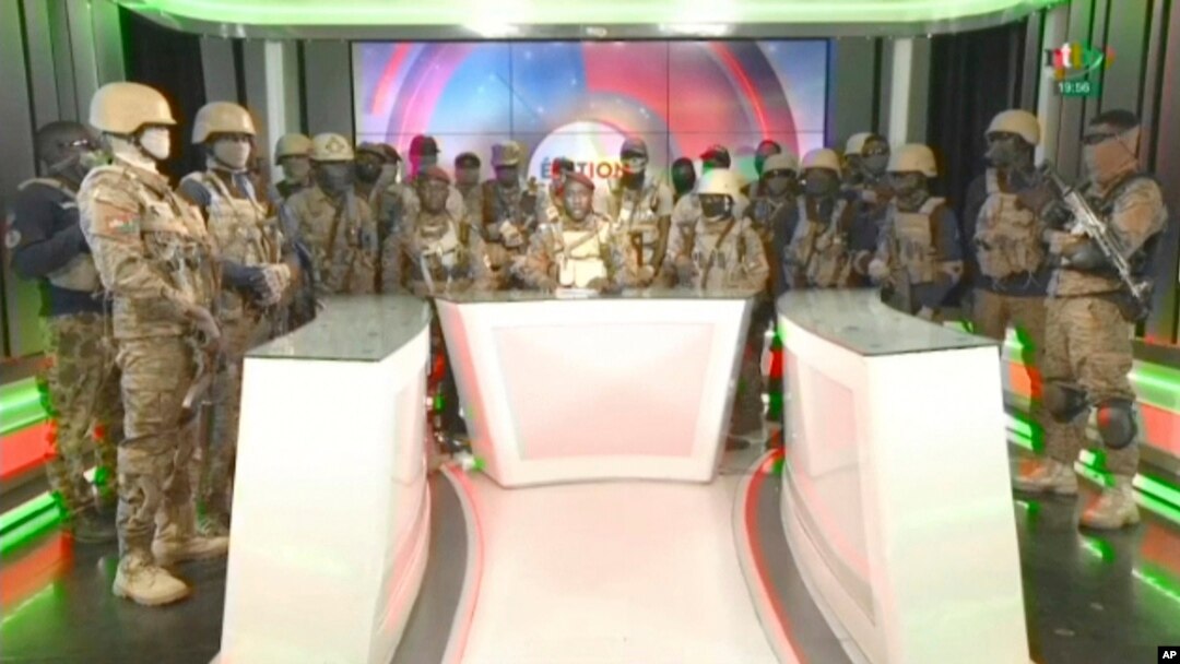 Members of Burkina Faso's army seized control of state television late Friday, declaring that the country's coup leader-turned-president, Lt. Col. Paul Henri Sandaogo Damiba, had been overthrown after only nine months in power. (RTB via AP)