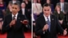 In a photo combo, President Barack Obama, left, and Republican presidential nominee Mitt Romney address the audience during the second presidential debate at Hofstra University, Oct. 16, 2012, in Hempstead, N.Y. 