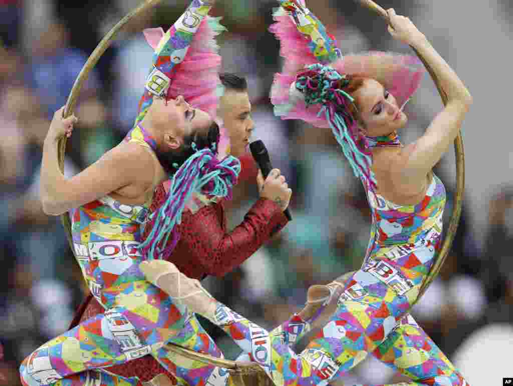 British singer Robbie Williams performs before the group A match between Russia and Saudi Arabia, which opens the 2018 soccer World Cup at the Luzhniki stadium in Moscow, Russia.