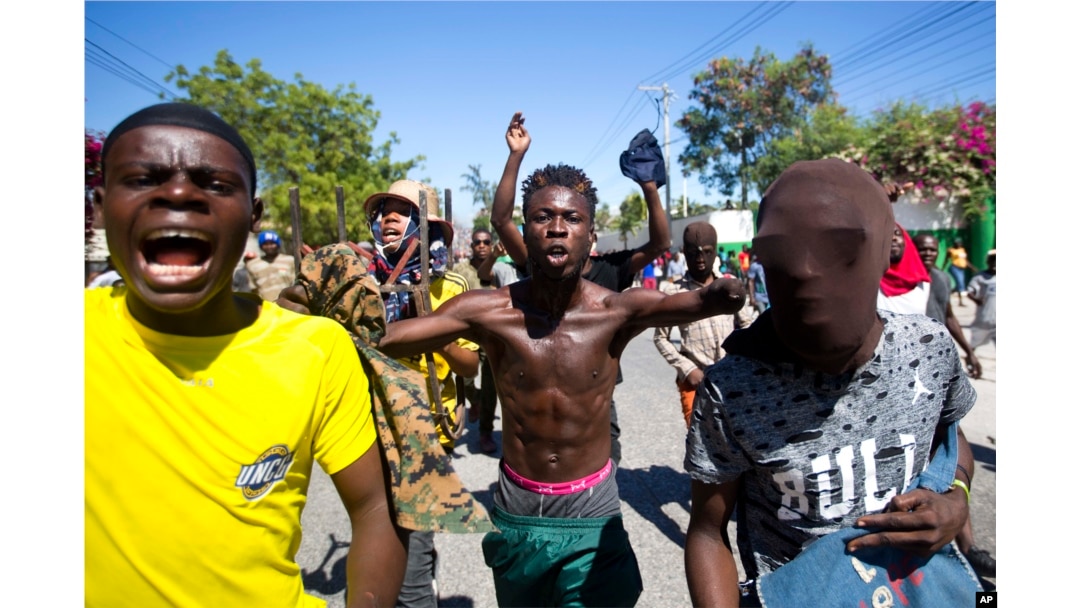 Protesters chant anti-government slogans demanding the resignation of President Jovenel Moise in Port-au-Prince, Haiti, Feb. 11, 2019.