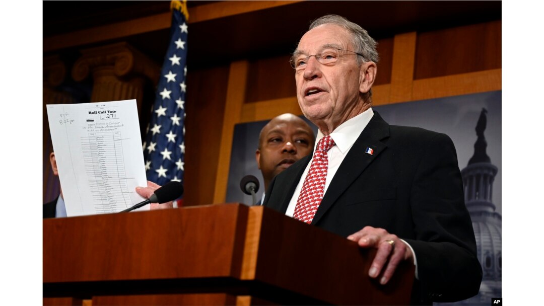 FILE - Sen. Chuck Grassley, R-Iowa, speaks during a news conference on Capitol Hill, Dec. 19, 2018.
