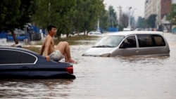 一名男子坐在暴雨后郑州街头漂浮的汽车上。（2021年7月22日）