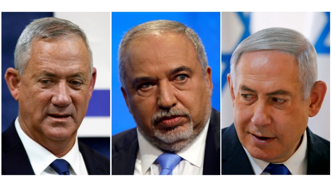 A combination picture shows leader of Blue and White party, Benny Gantz in Rosh Ha'ayin, Israel, Avigdor Lieberman, head of Yisrael Beitenu party in Tel Aviv, Israeli PM Benjamin Netanyahu in the Jordan Valley, in the Israeli-occupied West Bank.
