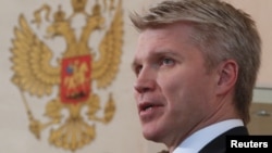FILE - Russia's Sports Minister Pavel Kolobkov addresses the media in Moscow, Feb. 1, 2018.