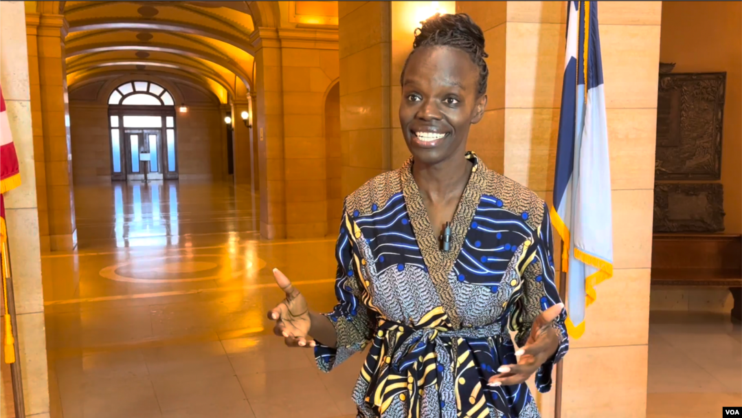 In this photo taken from video, Huldah Momanyi Hiltsley, who was born in Kenya and immigrated with her family to the United States, speaks at the Minnesota State Capitol on Nov. 8, 2024, about her election as the first Kenya-born member of the Minnesota House of Representatives.