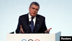 IOC President Thomas Bach speaks during the 132nd IOC Session ahead of the 2018 Winter Olympic Games in Gangneung, South Korea, Feb. 5, 2018.