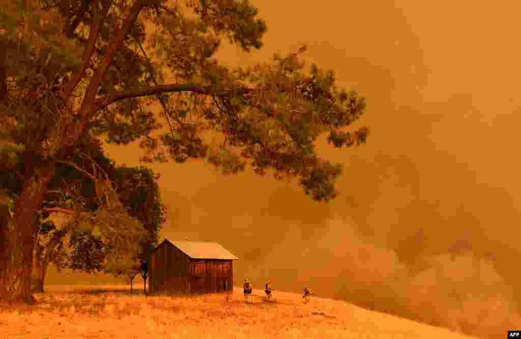Firefighters watch as flames from the County Fire climb a hillside in Guinda, California, July 1, 2018. Authorities have issued red flag weather warnings and mandatory evacuation orders after a series of wildfires fanned by high winds and hot temperatures ripped through thousands of acres.