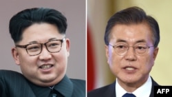 左图：2016年5月10日的朝鲜领导人金正恩。右图：2017年8月17日拍摄的韩国总统文在寅。