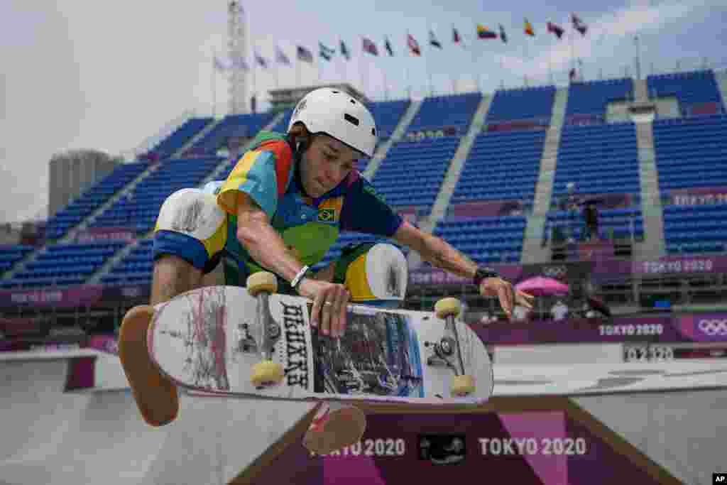 Luiz Francisco of Brazil takes part in a men's park skateboarding practice session at the 2020 Summer Olympics in Tokyo, Japan.