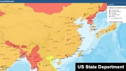美国国务院目前为旅行者显示使馆和领事服务的世界地图从文字体例来看并未把台湾列为从属于中国。