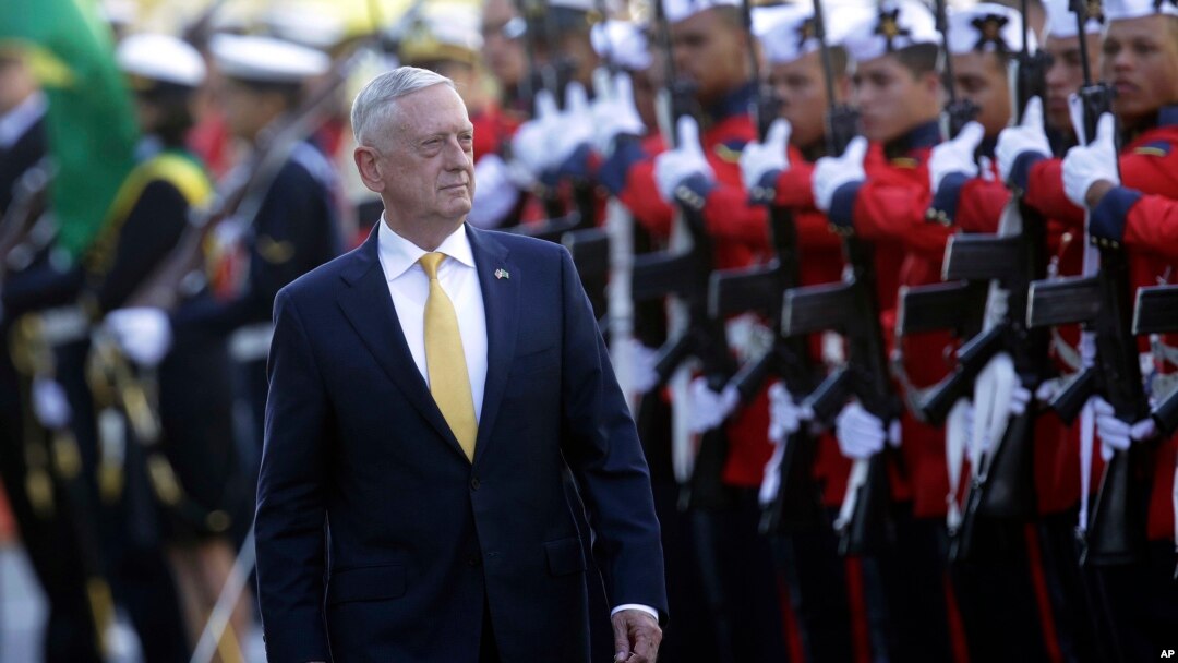 U.S. Secretary of Defense Jim Mattis receives military honors before his meeting with Brazil's defense minister, in Brasilia, Brazil, Aug. 13, 2018.