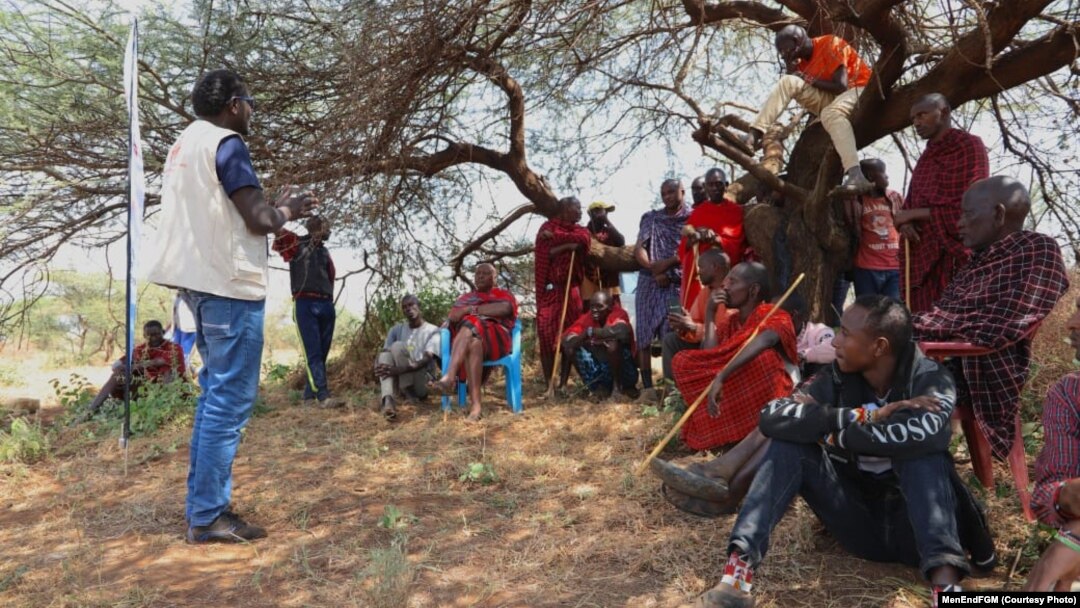 Indigenous Kenyan men attend a training session on ending female genital mutilation in Olmoti village, Kajiado County, Kenya in April 2024.