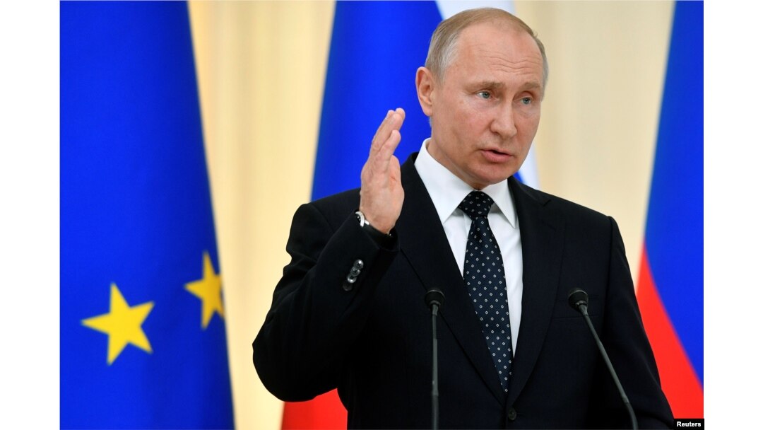 FILE - Russian President Vladimir Putin speaks during a news conference in Sochi, Russia, May 15, 2019.