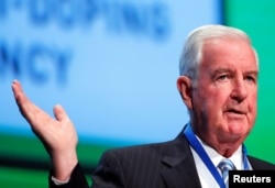 Craig Reedie, president of the World Anti-Doping Agency (WADA) attends the WADA Symposium in Ecublens, Switzerland, March 21, 2018.