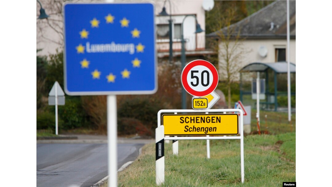 A street sign marks the beginning of Schengen, Luxembourg, January 27, 2016. The Schengen Agreement with the goal to illiminate internal border controls was signed on June 14, 1985 in the small village at the river Moselle and the tripoint of France, Germany and the Netherlands.